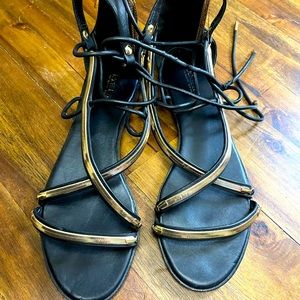 Black leather with gold chain accent Rachel Zoe sandals